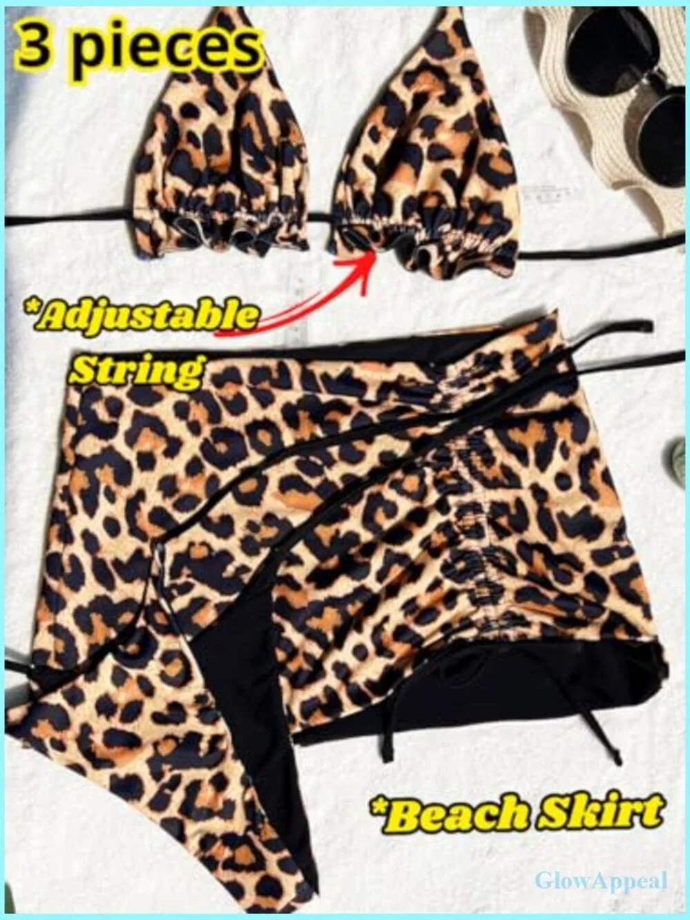 3 Piece Leopard Bikini Set with Coverup Skirt Triangle String Thong Swimwear